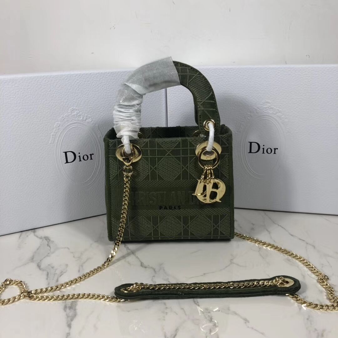 MINI LADY DIOR TOTE BAG IN EMBROIDERED CANVAS C4531 Blackish green