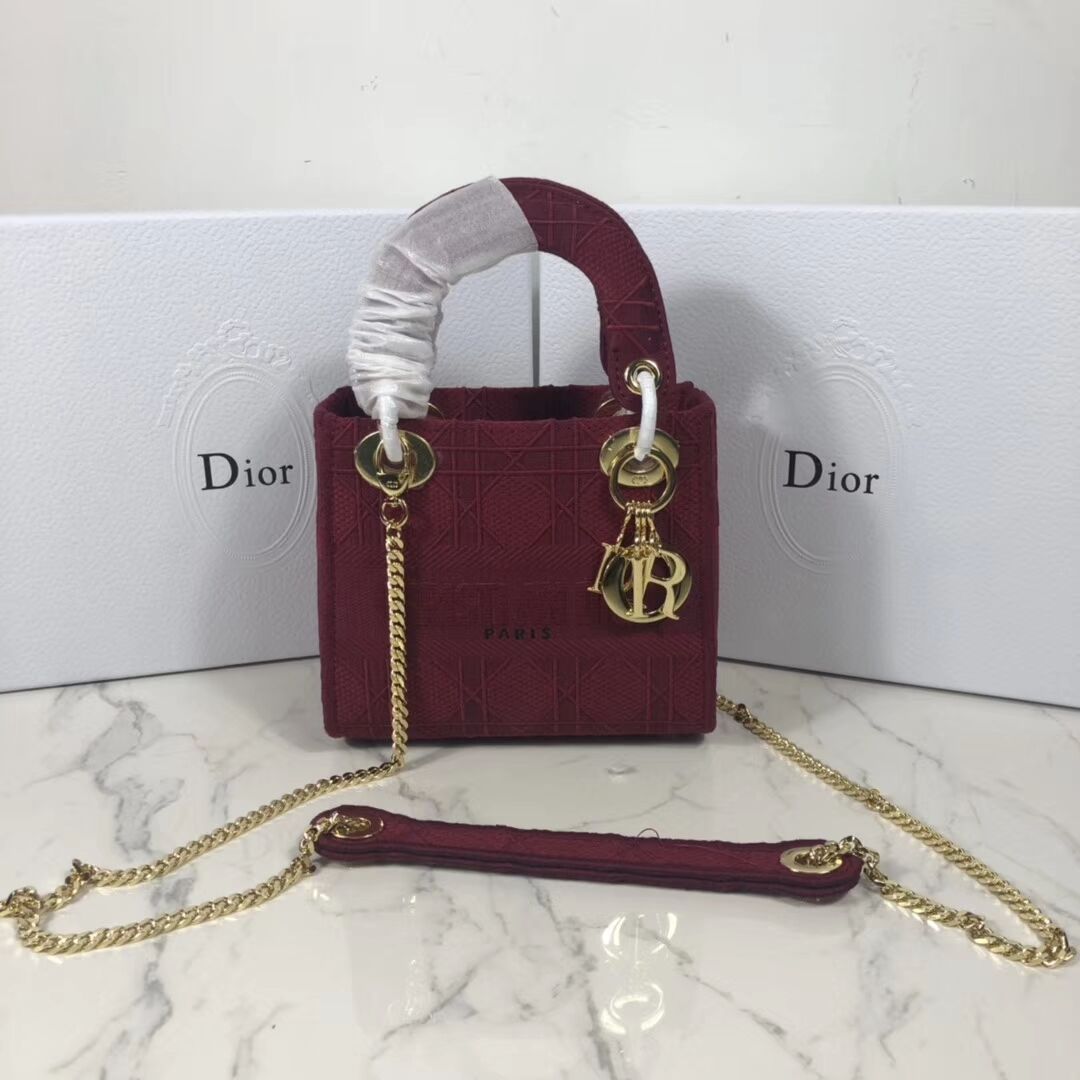 MINI LADY DIOR TOTE BAG IN EMBROIDERED CANVAS C4531 Bordeaux