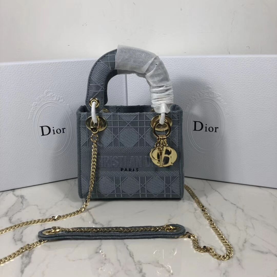 MINI LADY DIOR TOTE BAG IN EMBROIDERED CANVAS C4531 grey blue