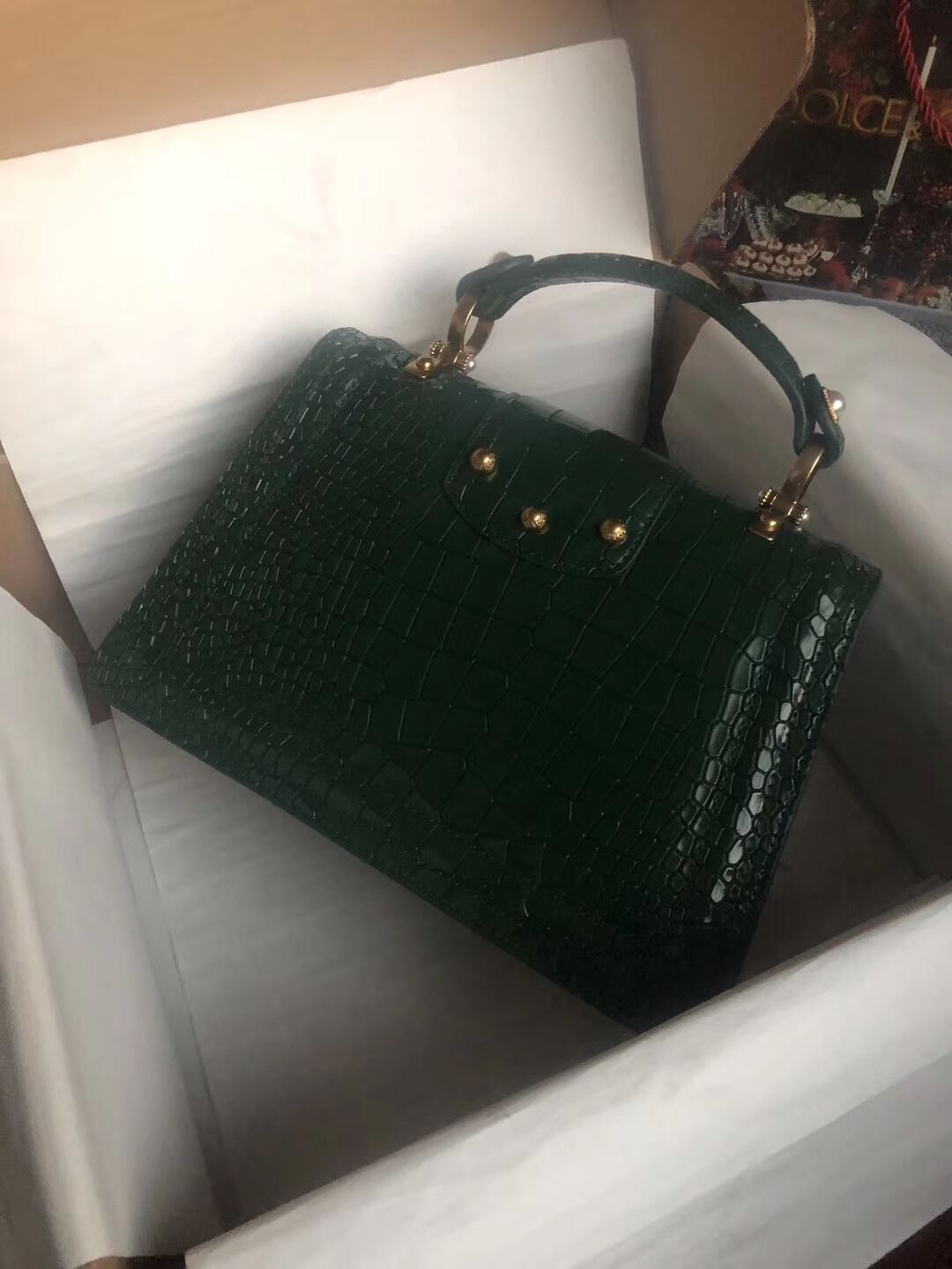 Dolce & Gabbana Origianl Crocodile Leather Bag 4916E Blackish green