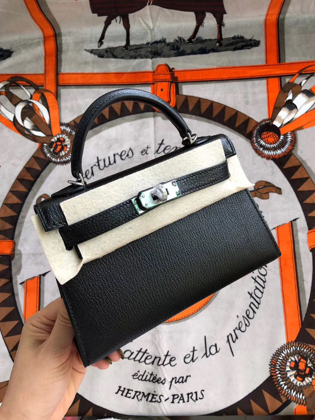 Hermes original mini Kelly chevre mysore K19CM black&silver Metal