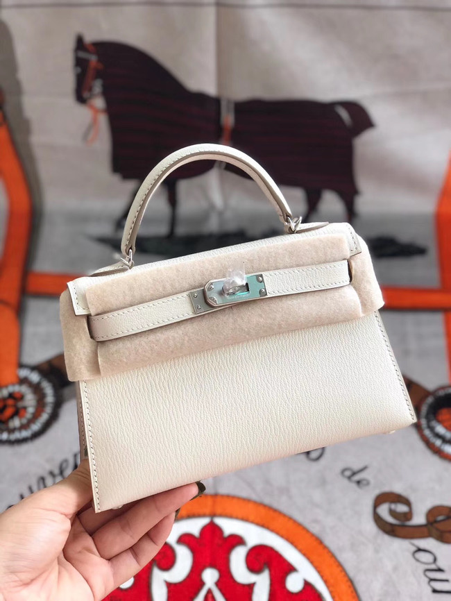 Hermes original mini Kelly chevre mysore K19CM white&silver Metal