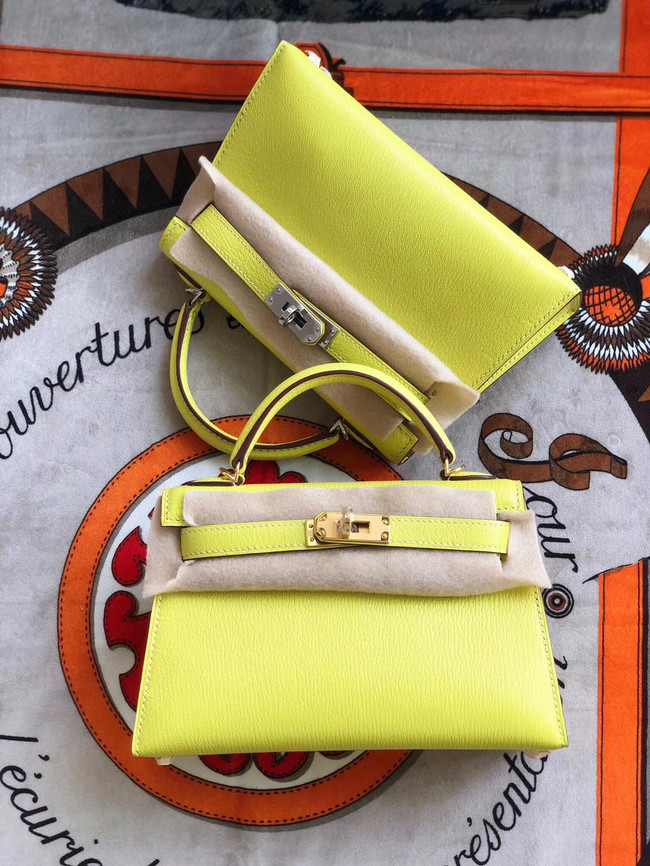 Hermes original mini Kelly chevre mysore K19CM yellow&Gold Metal