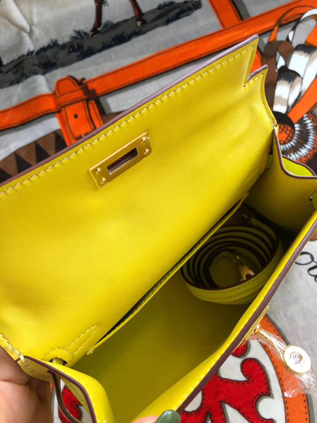 Hermes original mini Kelly chevre mysore K19CM yellow&Gold Metal