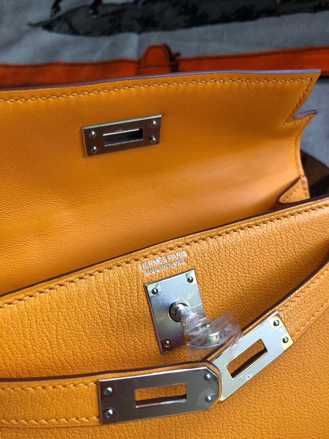 Hermes original mini Kelly chevre mysore K19CM Mango yellow&silver Metal