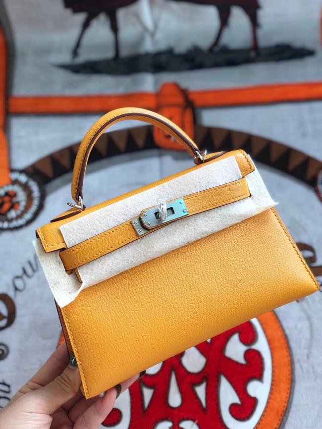 Hermes original mini Kelly chevre mysore K19CM Mango yellow&silver Metal