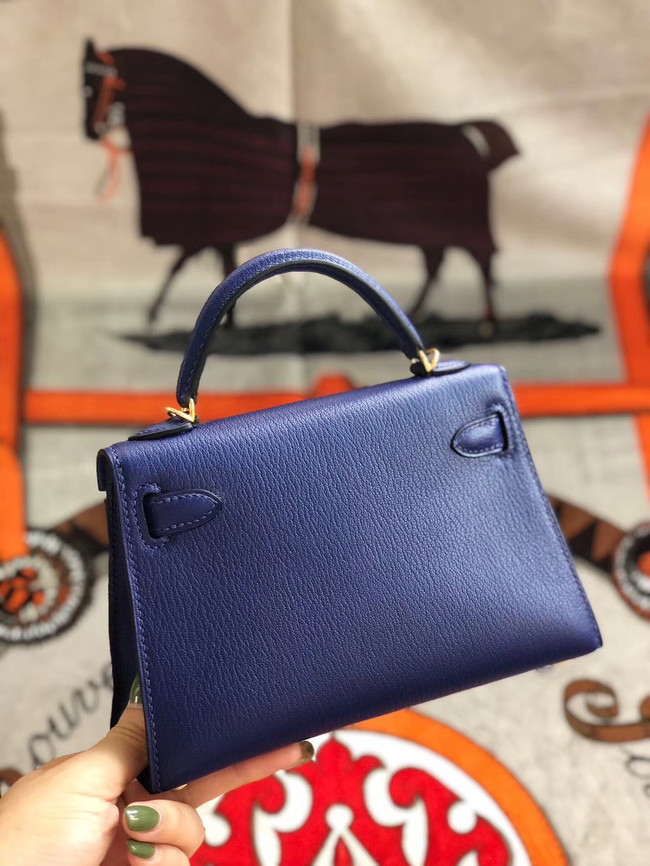 Hermes original mini Kelly chevre mysore K19CM blue&Gold Metal