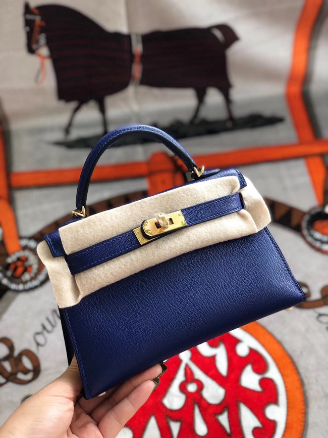 Hermes original mini Kelly chevre mysore K19CM blue&Gold Metal