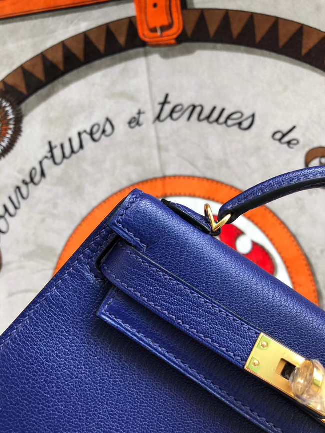 Hermes original mini Kelly chevre mysore K19CM blue&Gold Metal