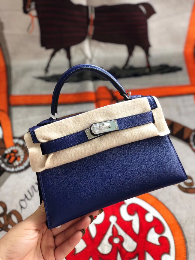 Hermes original mini Kelly chevre mysore K19CM blue&silver Metal