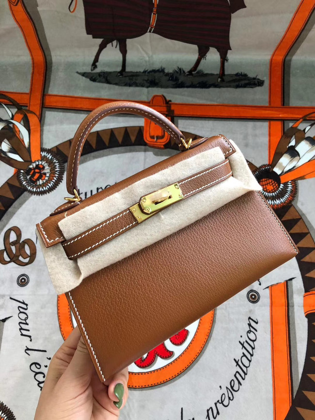 Hermes original mini Kelly chevre mysore K19CM brown&Gold Metal