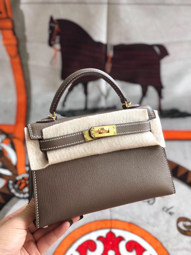 Hermes original mini Kelly chevre mysore K19CM grey&Gold Metal