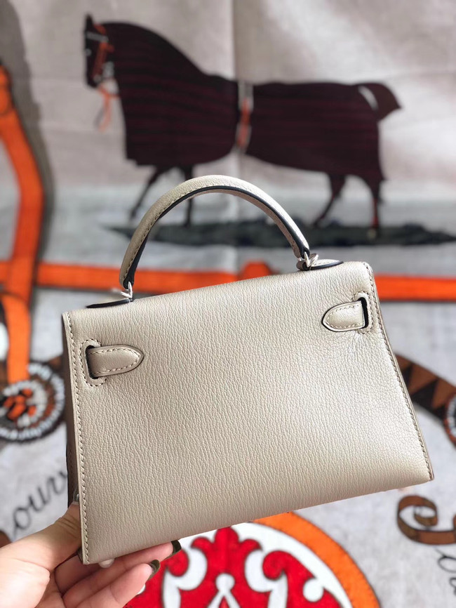 Hermes original mini Kelly chevre mysore K19CM light grey&silver Metal