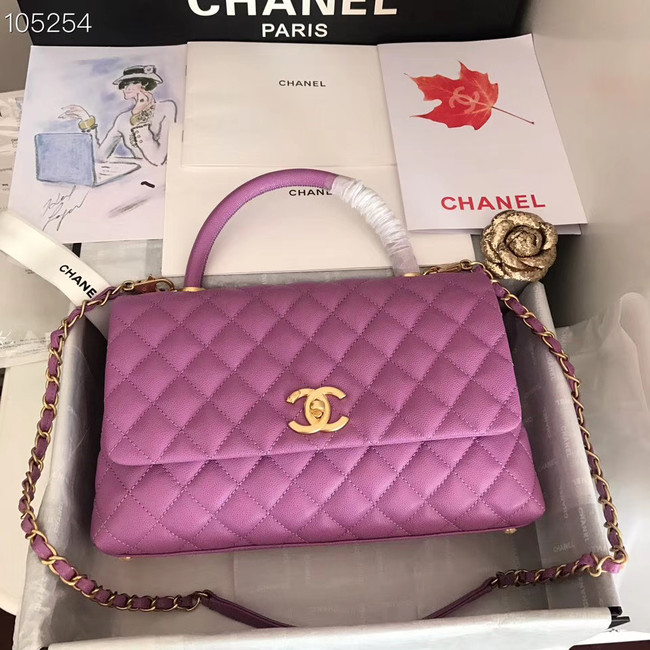 Chanel original Calfskin flap bag top handle A92292 Purplish&gold-Tone Metal