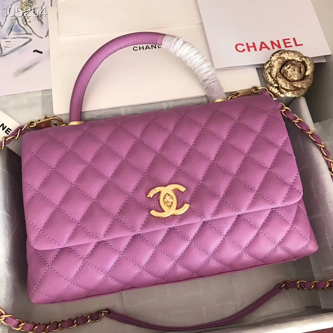 Chanel original Calfskin flap bag top handle A92292 Purplish&gold-Tone Metal