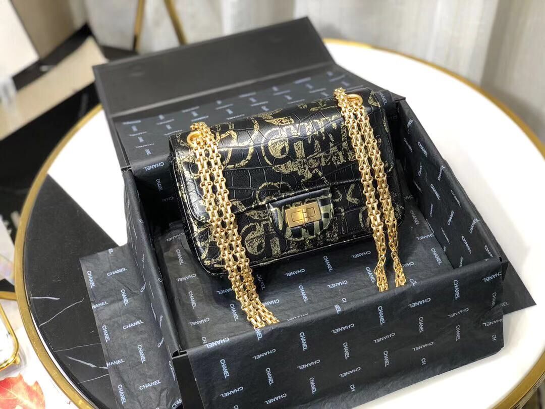 Chanel Flap Shoulder Bag Original Crocodile Leather Black&Gold A1112 Gold