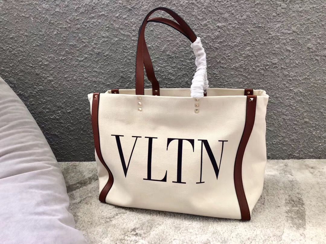 VALENTINO Rockstud Canvas Shopping Bag V0978 Wihte&Wine