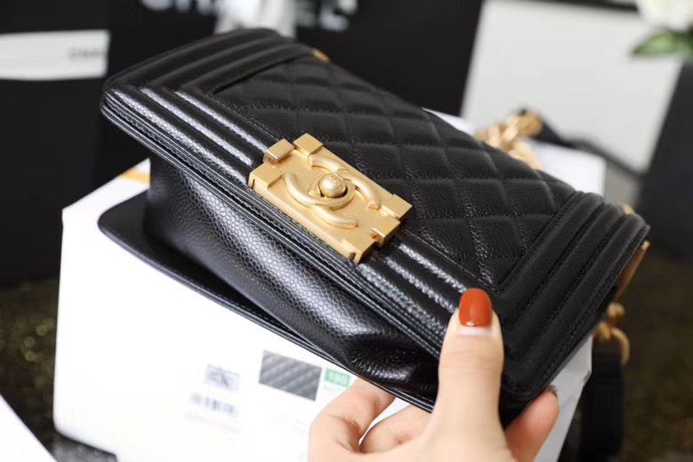 Chanel Le Boy Flap Shoulder Bag Original Cavier Leather A67085 Black Gold Buckle