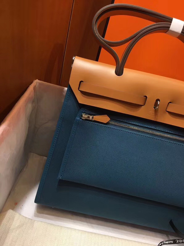 Hermes Herbag 31CM Original Canvas Leather & Calfskin 45987 Blue&Apricot