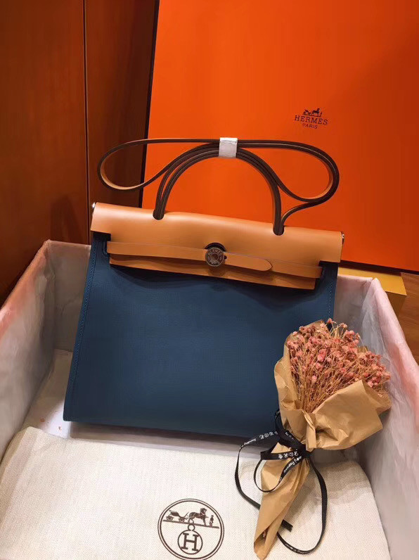 Hermes Herbag 31CM Original Canvas Leather & Calfskin 45987 Blue&Apricot