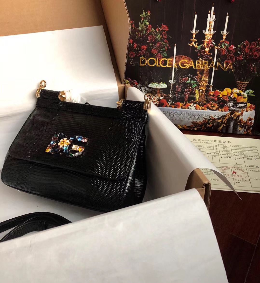 Dolce & Gabbana Origianl Lizard Leather Flower Logo Bag BB4137 Black