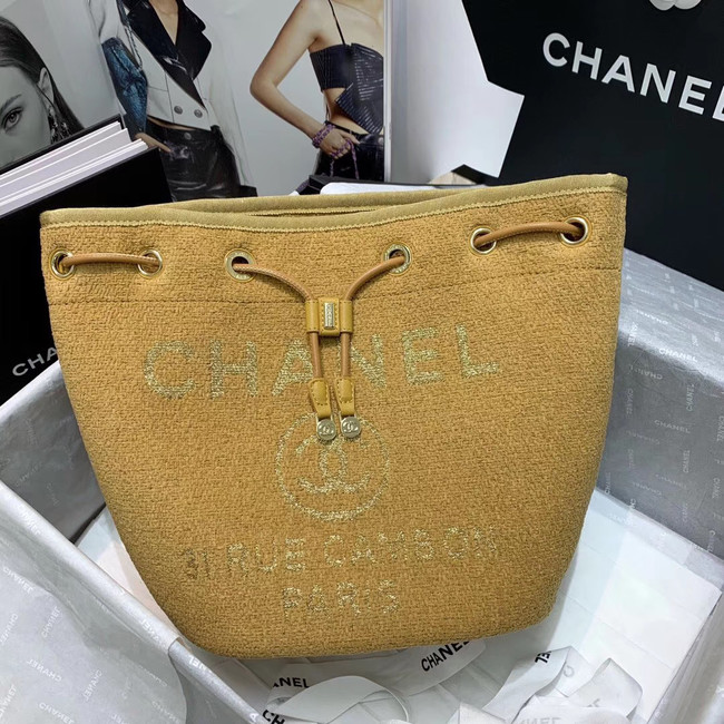 CHANEL Tweed Calfskin drawstring bag & Gold-Tone Metal 60588 yellow