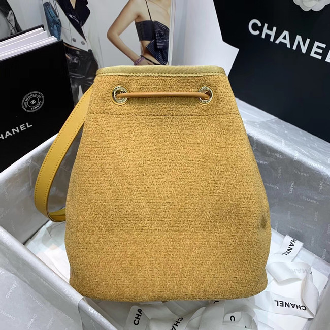 CHANEL Tweed Calfskin drawstring bag & Gold-Tone Metal 60588 yellow