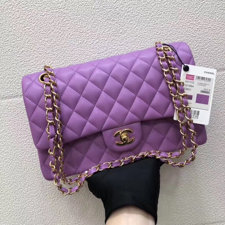 CHANEL Classic Handbag Lambskin purple 1112 & gold-Tone Metal