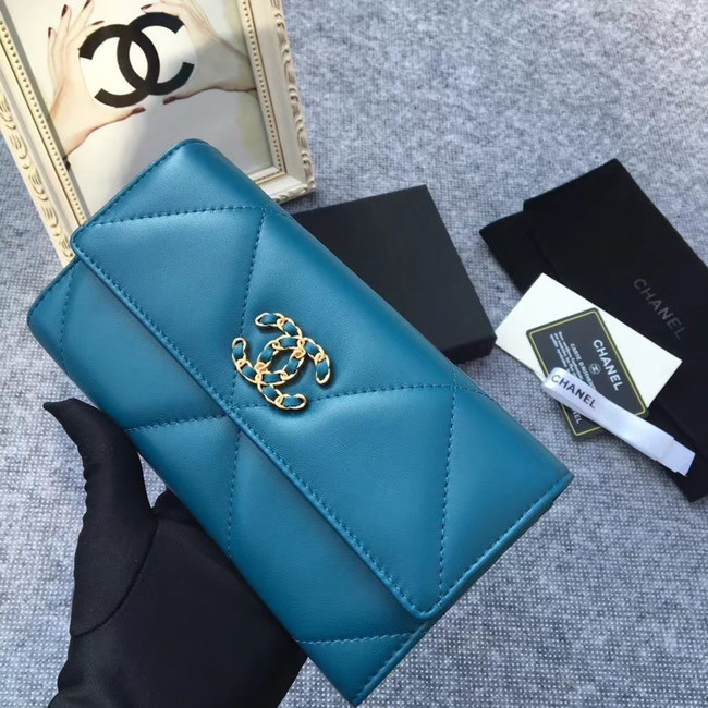 Chanel sheepskin & Gold-Tone Metal Wallet AP0955 blue