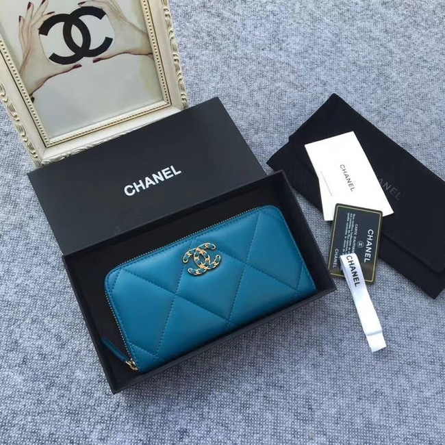 CHANEL 19 sheepskin & Gold-Tone Metal Wallet AP1063 blue