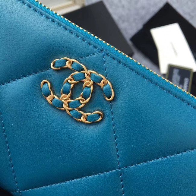 CHANEL 19 sheepskin & Gold-Tone Metal Wallet AP1063 blue