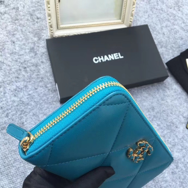 CHANEL 19 sheepskin & Gold-Tone Metal Wallet AP1063 blue