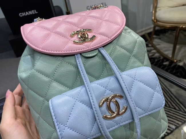 Chanel backpack Grained Calfskin & Gold-Tone Metal AS1371 blue&pink&green