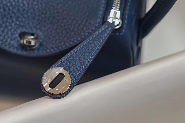 Hermes mini Lindy Togo Leather Bag LD19 blue&Silver-Tone Metal