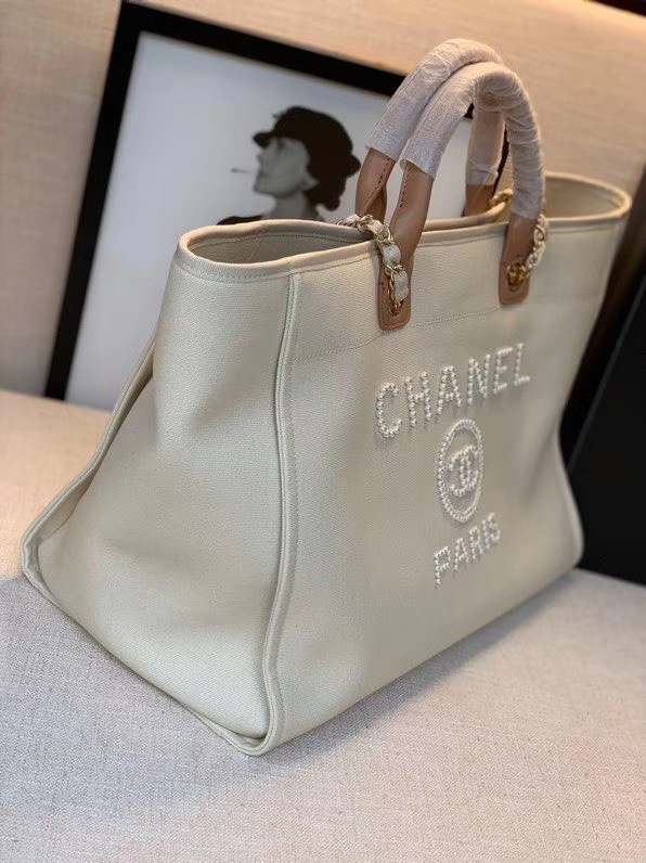 Chanel Canvas Tote Shopping Bag A66941 Cream