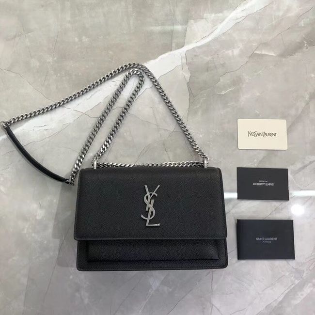 Yves Saint Laurent Calfskin Leather Shoulder Bag Y542206B black&silver-Tone Metal