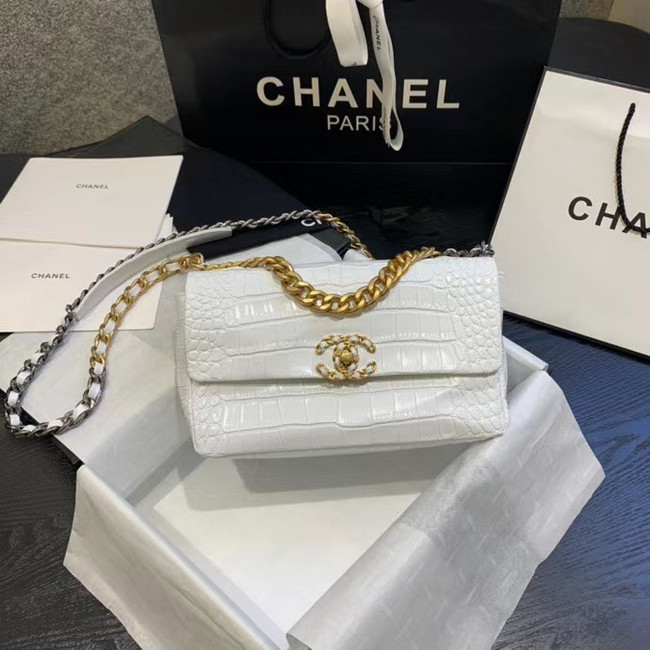 CHANEL 19 Flap Bag Crocodile Leather AS1160 white