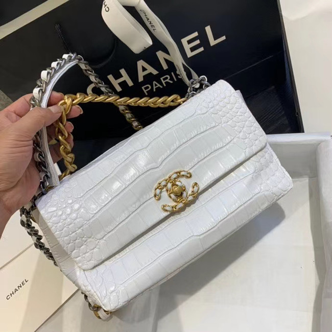 CHANEL 19 Flap Bag Crocodile Leather AS1160 white