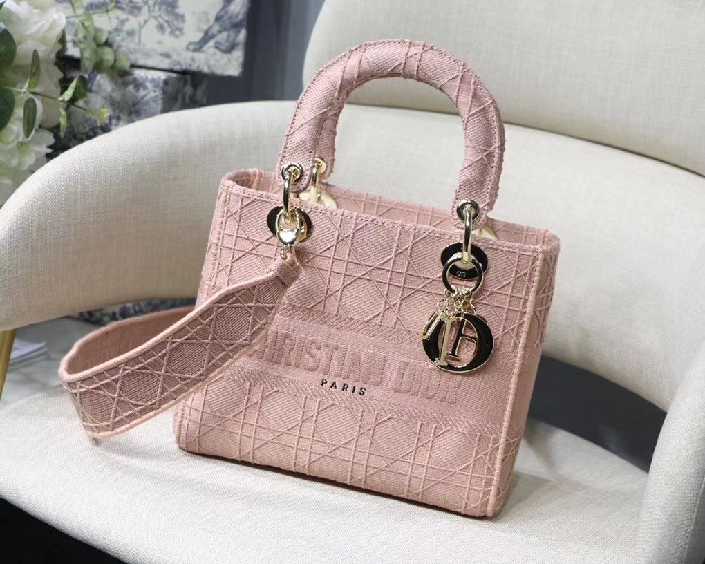 LADY DIOR TOTE BAG IN EMBROIDERED CANVAS C4532 pink Gold Hardware