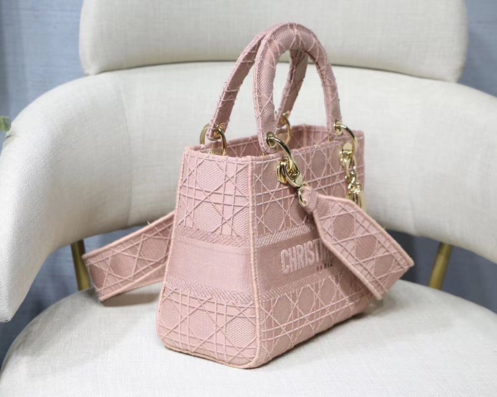 LADY DIOR TOTE BAG IN EMBROIDERED CANVAS C4532 pink Gold Hardware