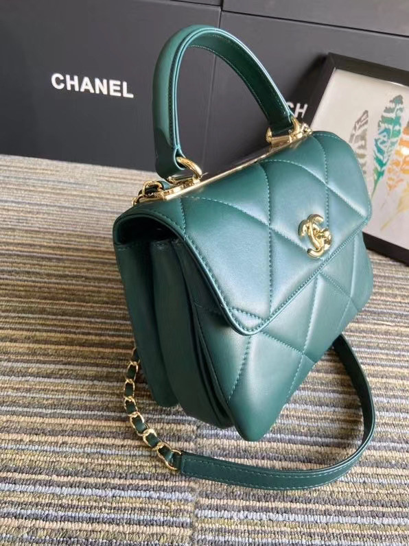 Chanel CC original lambskin top handle flap bag A92236 green&Gold-Tone Metal