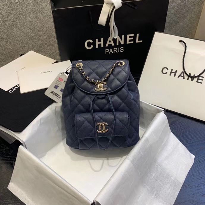 Chanel backpack Grained Calfskin & Gold-Tone Metal AS1371 Navy