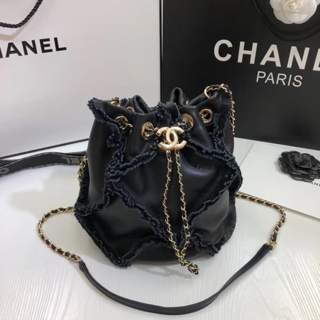 CHANEL Calfskin small drawstring bag & gold-Tone Metal AS1613 black