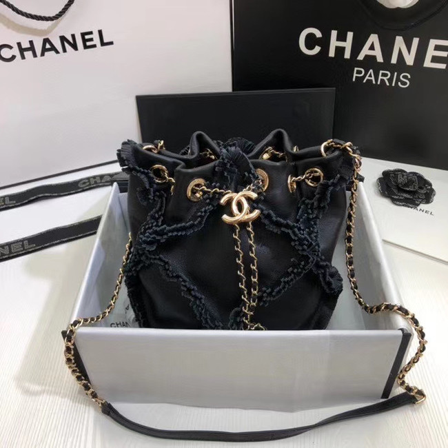 CHANEL Calfskin small drawstring bag & gold-Tone Metal AS1613 black