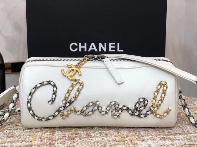 Chanel Original Sheepskin Leather Bowling Bag AS1779 white