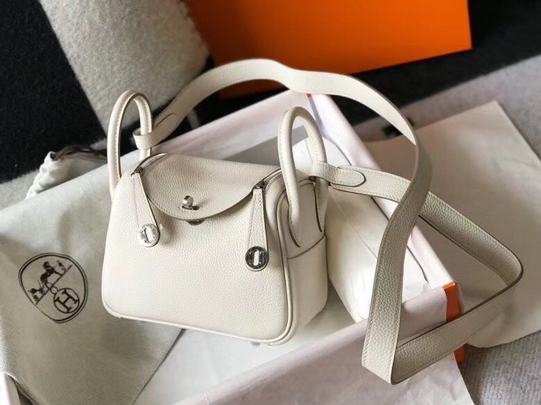 Hermes mini Lindy Original Togo Leather Bag LD19 White&Silver-Tone Metal