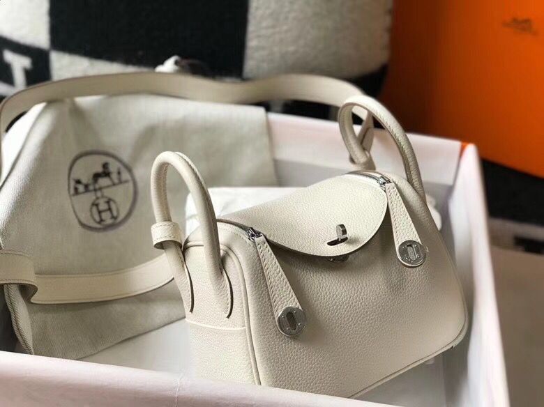 Hermes mini Lindy Original Togo Leather Bag LD19 White&Silver-Tone Metal