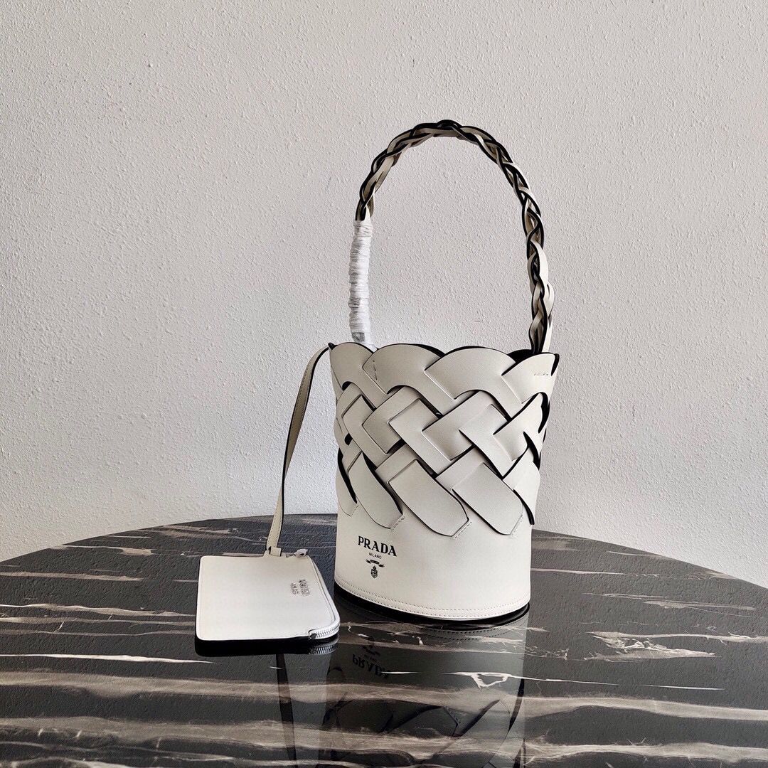 Prada Original Leather Woven Pattern Bucket Bag 1BG049 White