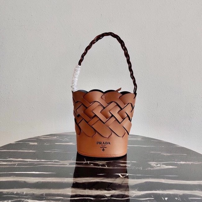 Prada Original Leather Woven Pattern Bucket Bag 1BG049 apricot