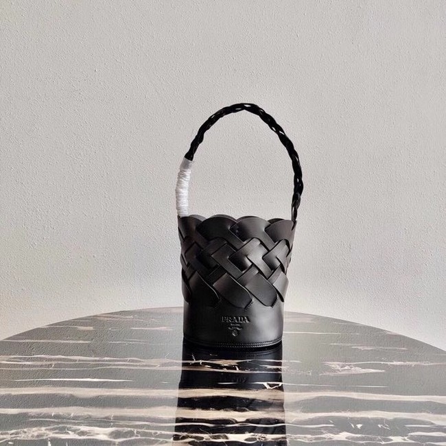 Prada Original Leather Woven Pattern Bucket Bag 1BG049 black